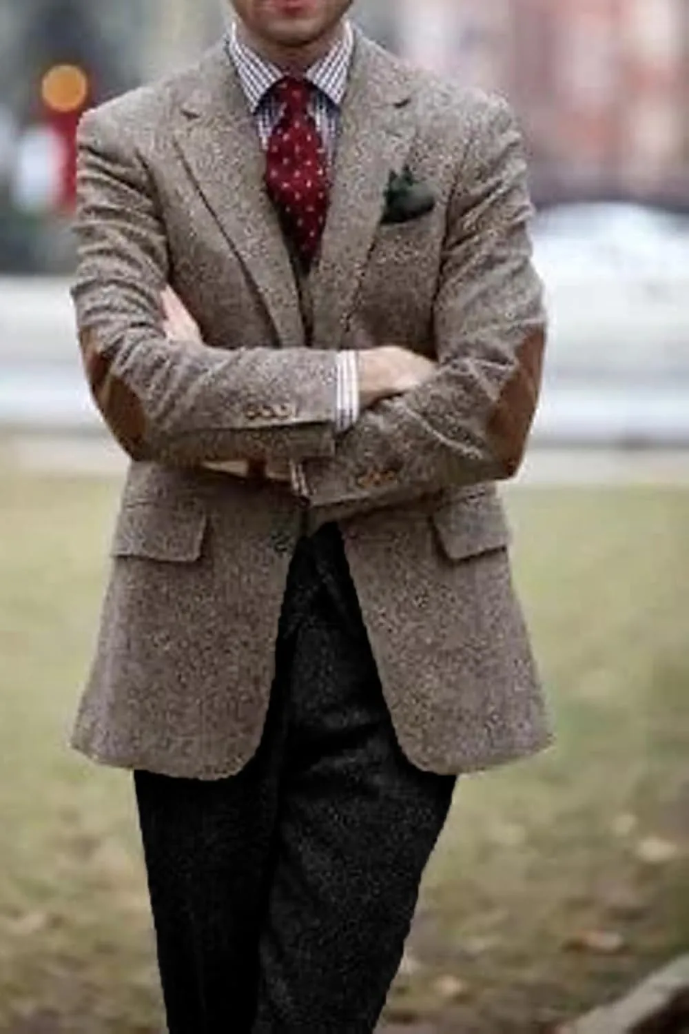 VENNYNG Mens Suit Jacket Single Breasted Vintage Short Trench Coat Blazer with Brown Elbow Patches