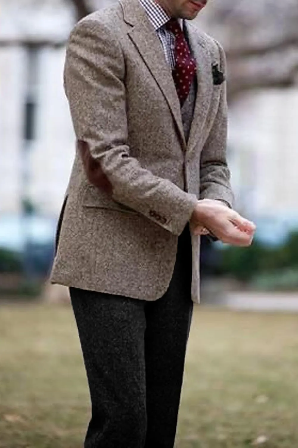 VENNYNG Mens Suit Jacket Single Breasted Vintage Short Trench Coat Blazer with Brown Elbow Patches