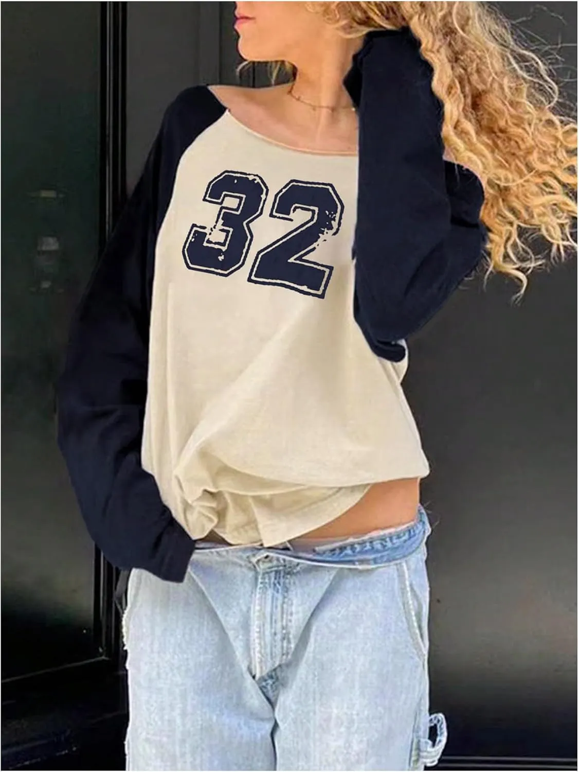 Verdusa Women's Off Shoulder Color Block Graphic Tee Shirt Long Raglan Sleeve Scoop Neck Loose Pullover Top