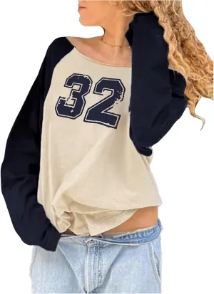 Verdusa Women's Off Shoulder Color Block Graphic Tee Shirt Long Raglan Sleeve Scoop Neck Loose Pullover Top