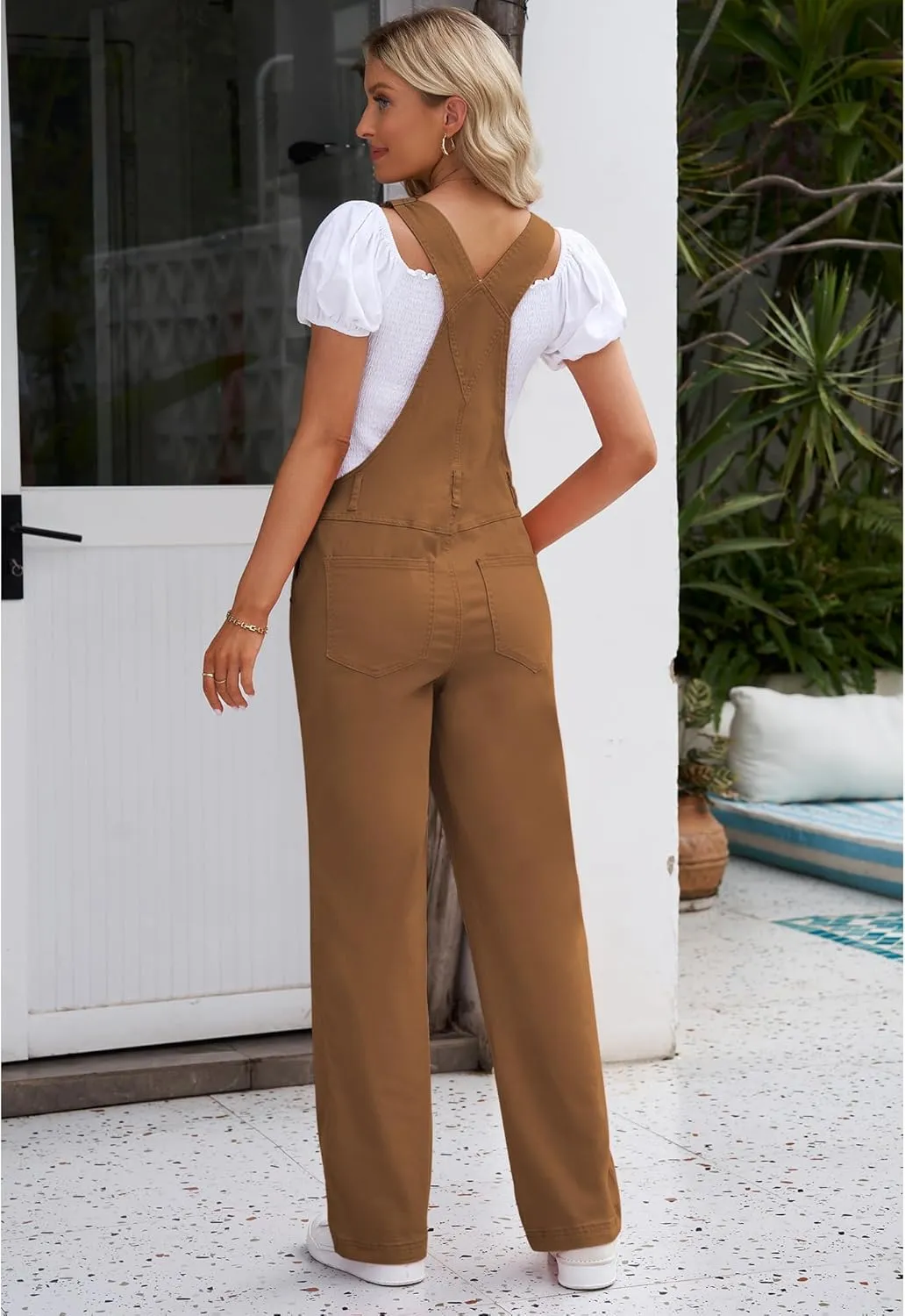 Vetinee Jean Overalls for Women Loose Fit Stretchy Denim Jumpsuit Baggy Bib Casual Straight Leg Pocket Dungaree Overall