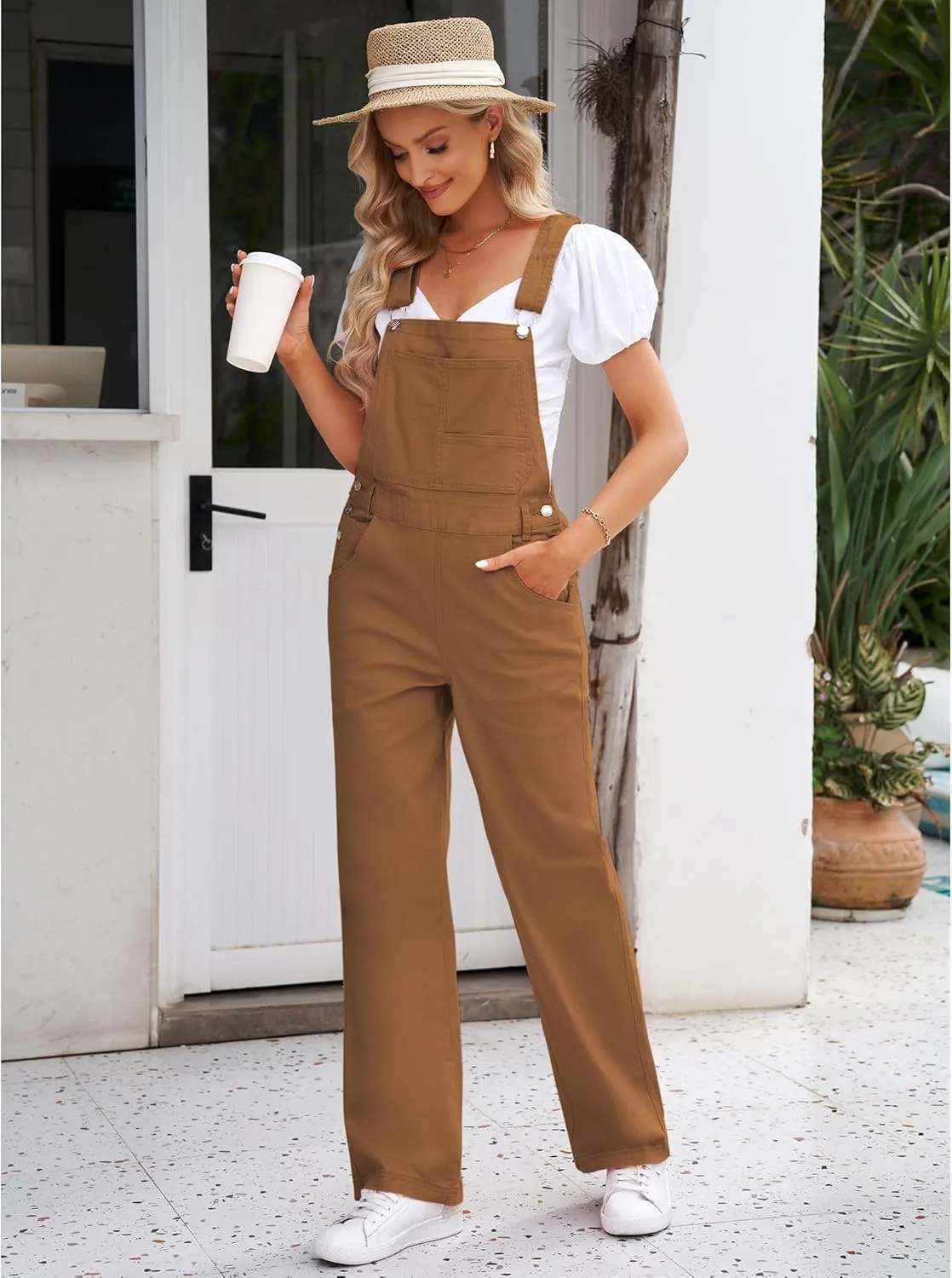 Vetinee Jean Overalls for Women Loose Fit Stretchy Denim Jumpsuit Baggy Bib Casual Straight Leg Pocket Dungaree Overall