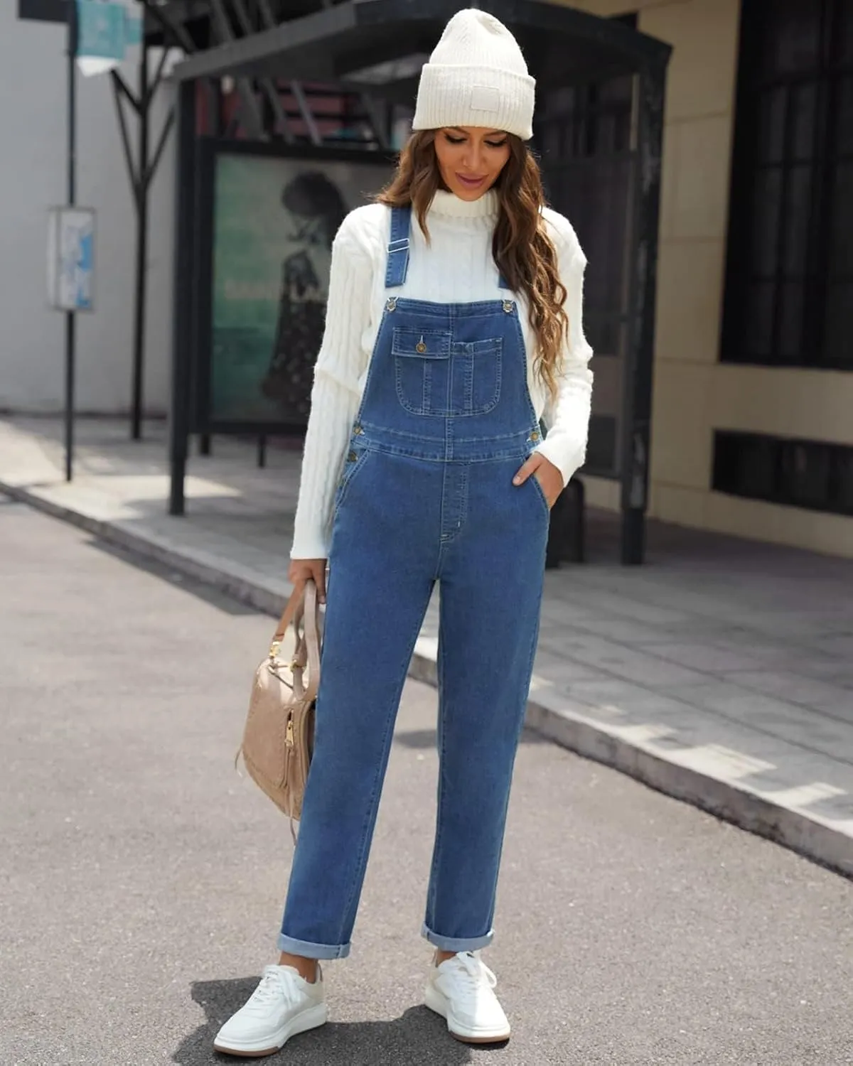 Vetinee Womens Overalls Denim Stretch Straight Leg Jeans Overall Regular Fit Bib Jean Jumpsuits Comfy Adjustable Straps