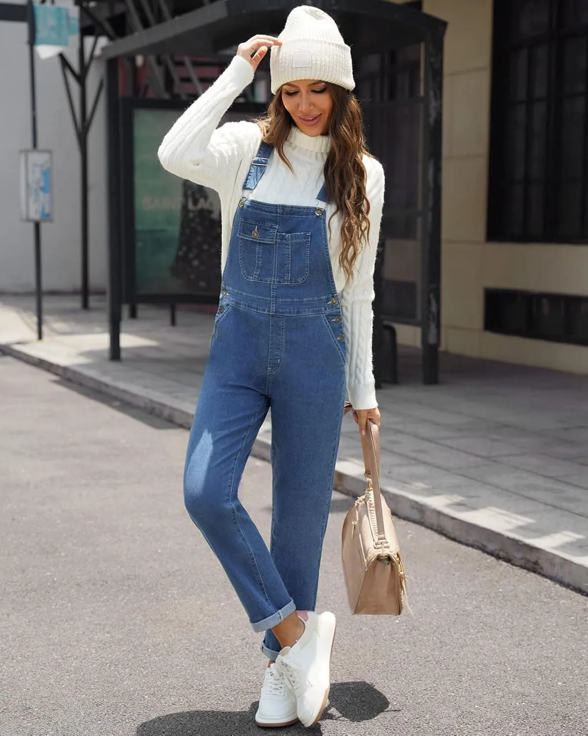 Vetinee Womens Overalls Denim Stretch Straight Leg Jeans Overall Regular Fit Bib Jean Jumpsuits Comfy Adjustable Straps