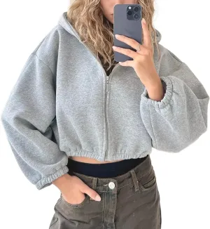 Viatabuna Cropped Zip Up Hoodies for Women Oversized Long Sleeve Casual Loose Short Sweatshirt 90s Hooded Crop Jacket Top