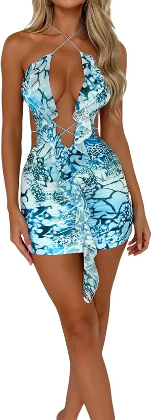 VISGOGO Summer Dresses for Women 2023 Bodycon Dress Tie-Dye Print Ruffles Deep V-Neck Backless Party Club Mini Dress
