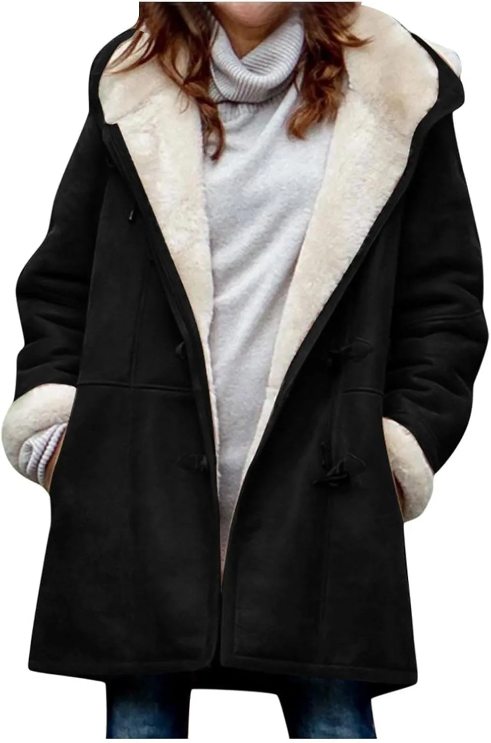 Warm Jackets for Women,Womens Winter Trench Coats Zip Up Breasted Long Sleeve Hooded Fleece Jacket Fuzzy Pea Coat