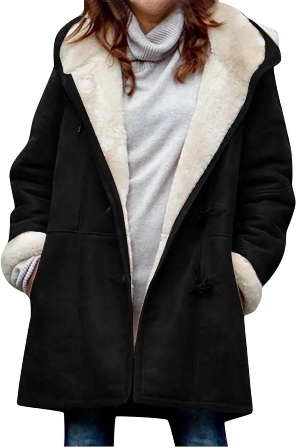 Warm Jackets for Women,Womens Winter Trench Coats Zip Up Breasted Long Sleeve Hooded Fleece Jacket Fuzzy Pea Coat