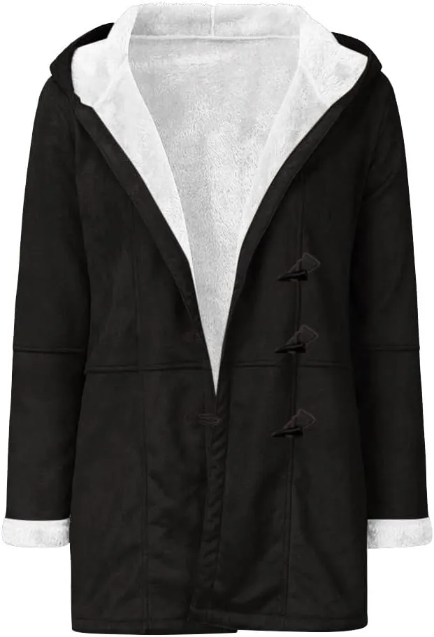 Warm Jackets for Women,Womens Winter Trench Coats Zip Up Breasted Long Sleeve Hooded Fleece Jacket Fuzzy Pea Coat
