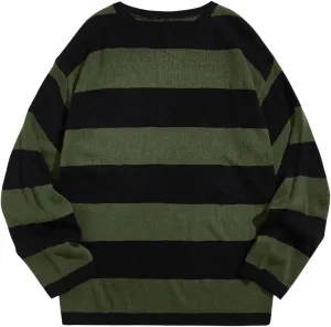 WDIRARA Men's Stripes Vintage Sweater Knitted Long Sleeve Crewneck Pullover Tops