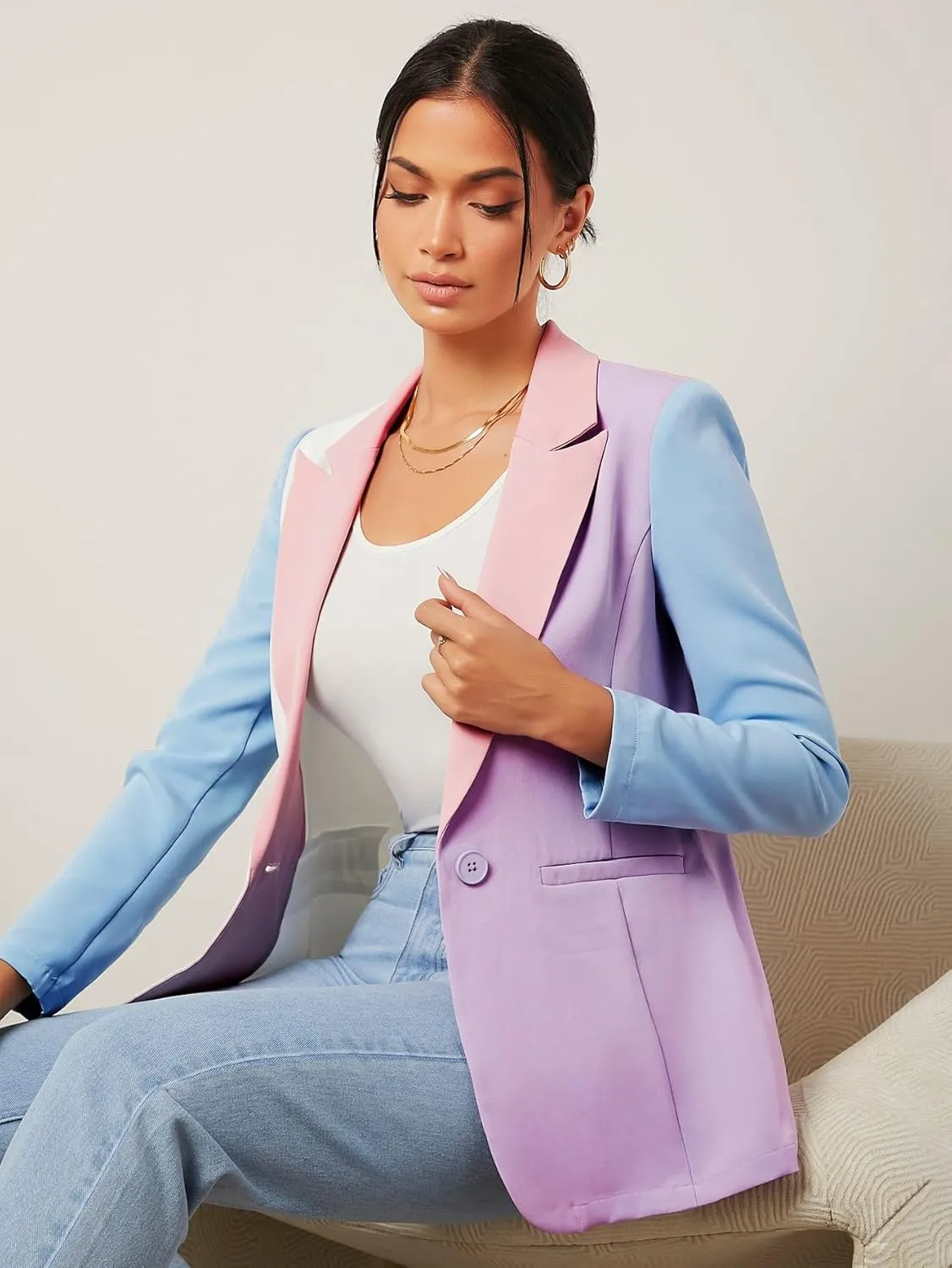 WDIRARA Women's Color Block One Button Open Front Elegant Work Office Blazer Jacket