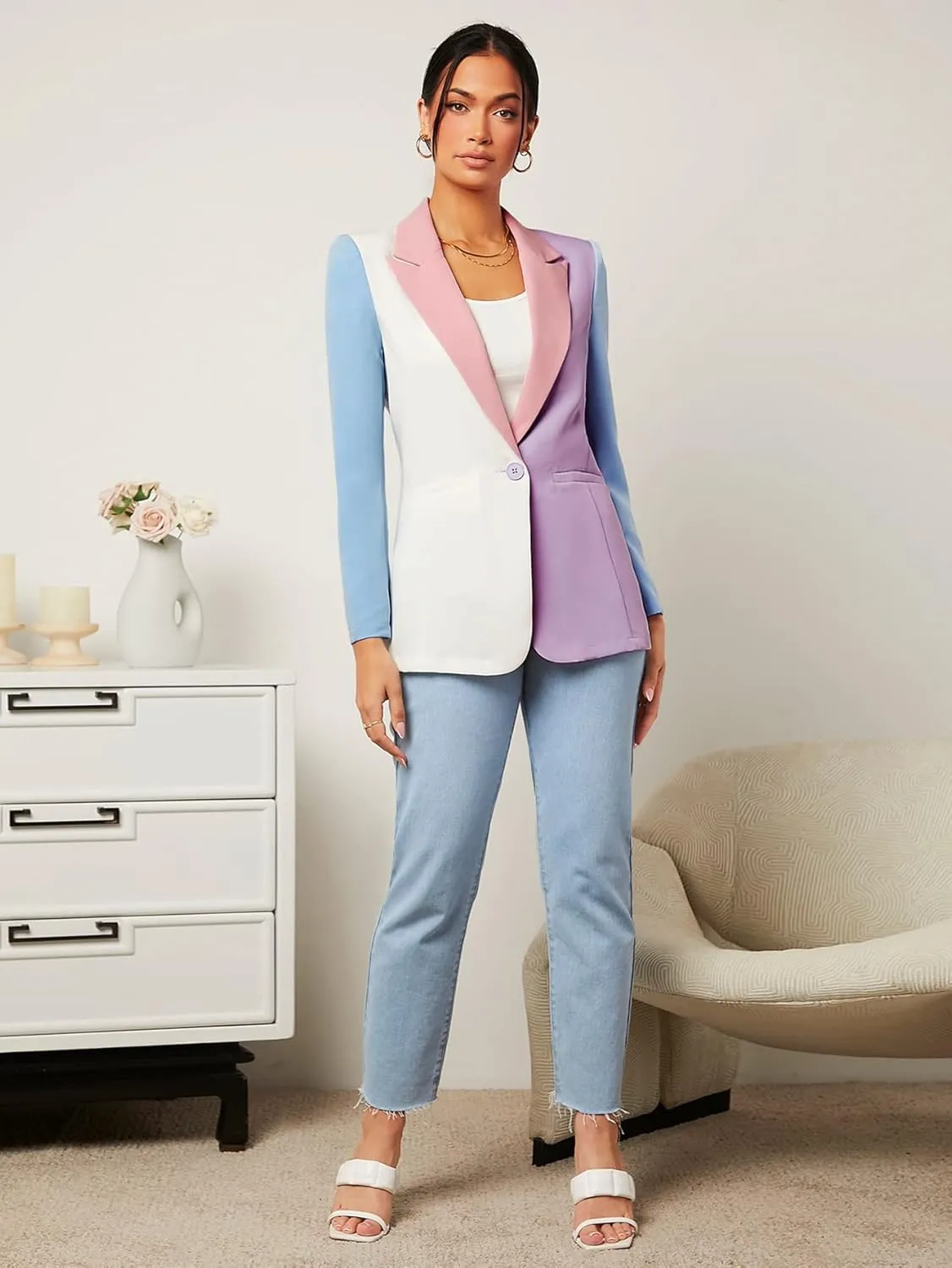 WDIRARA Women's Color Block One Button Open Front Elegant Work Office Blazer Jacket