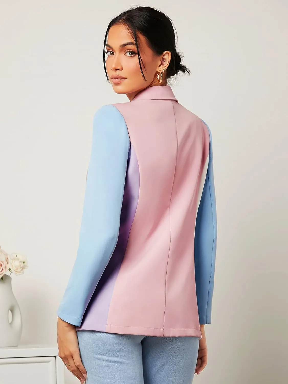 WDIRARA Women's Color Block One Button Open Front Elegant Work Office Blazer Jacket