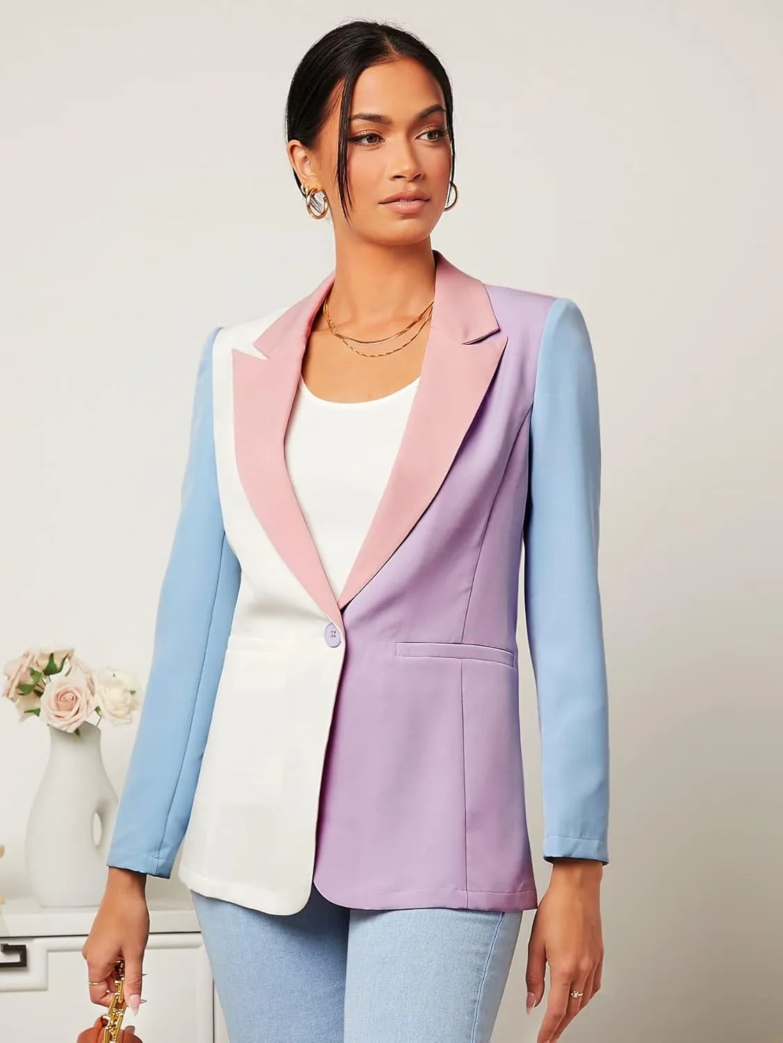 WDIRARA Women's Color Block One Button Open Front Elegant Work Office Blazer Jacket