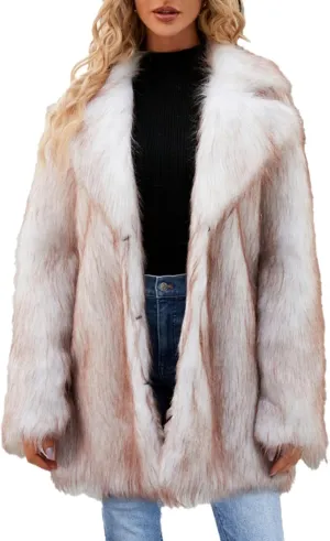 White Faux Fur Coat For Women Mid Length Hooded Cardigan Open Front Outerwear Winter Warm Coats Fur Jackets For