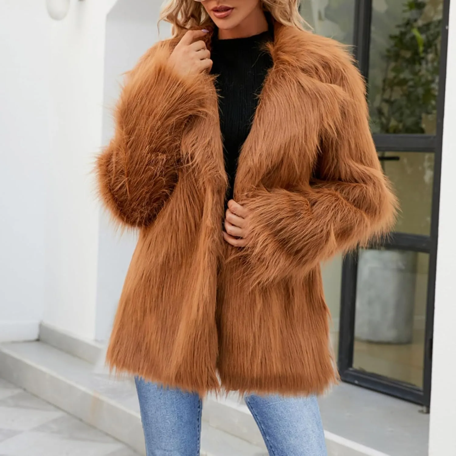 White Faux Fur Coat For Women Mid Length Hooded Cardigan Open Front Outerwear Winter Warm Coats Fur Jackets For