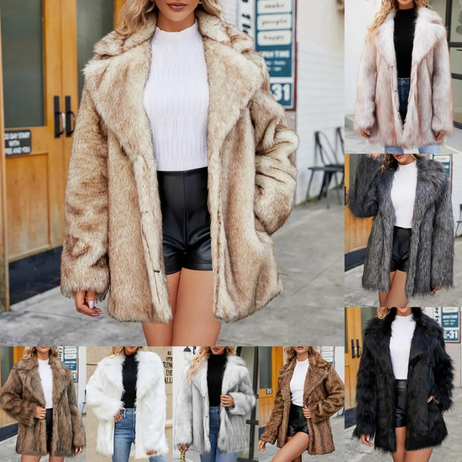 White Faux Fur Coat For Women Mid Length Hooded Cardigan Open Front Outerwear Winter Warm Coats Fur Jackets For
