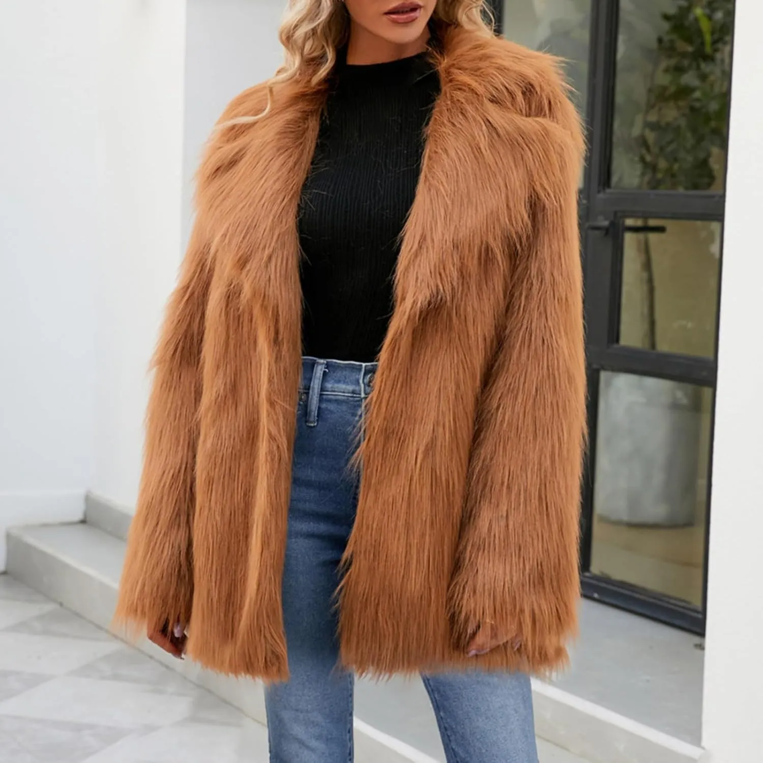 White Faux Fur Coat For Women Mid Length Hooded Cardigan Open Front Outerwear Winter Warm Coats Fur Jackets For