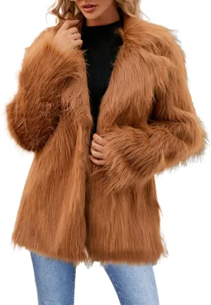 White Faux Fur Coat For Women Mid Length Hooded Cardigan Open Front Outerwear Winter Warm Coats Fur Jackets For