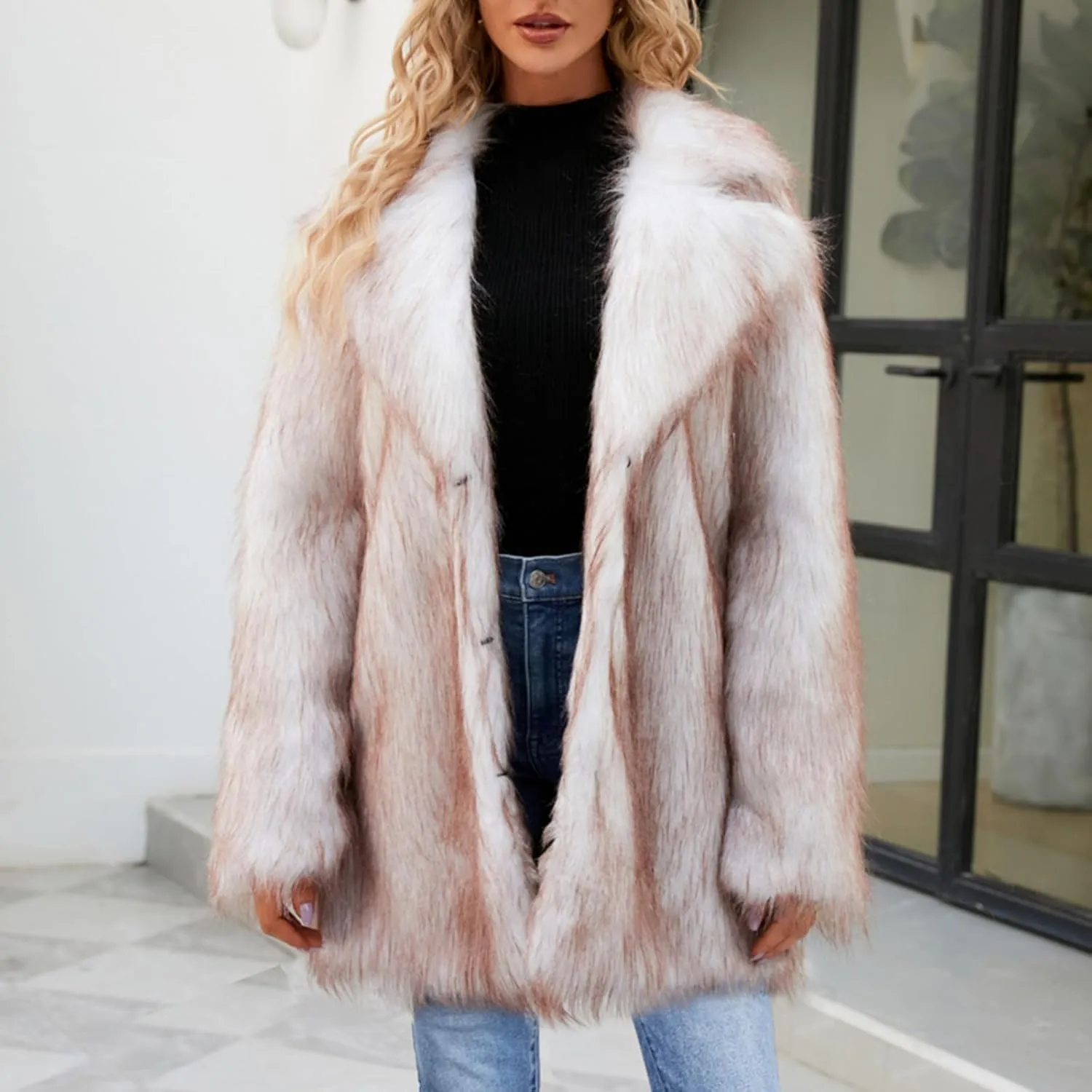 White Faux Fur Coat For Women Mid Length Hooded Cardigan Open Front Outerwear Winter Warm Coats Fur Jackets For