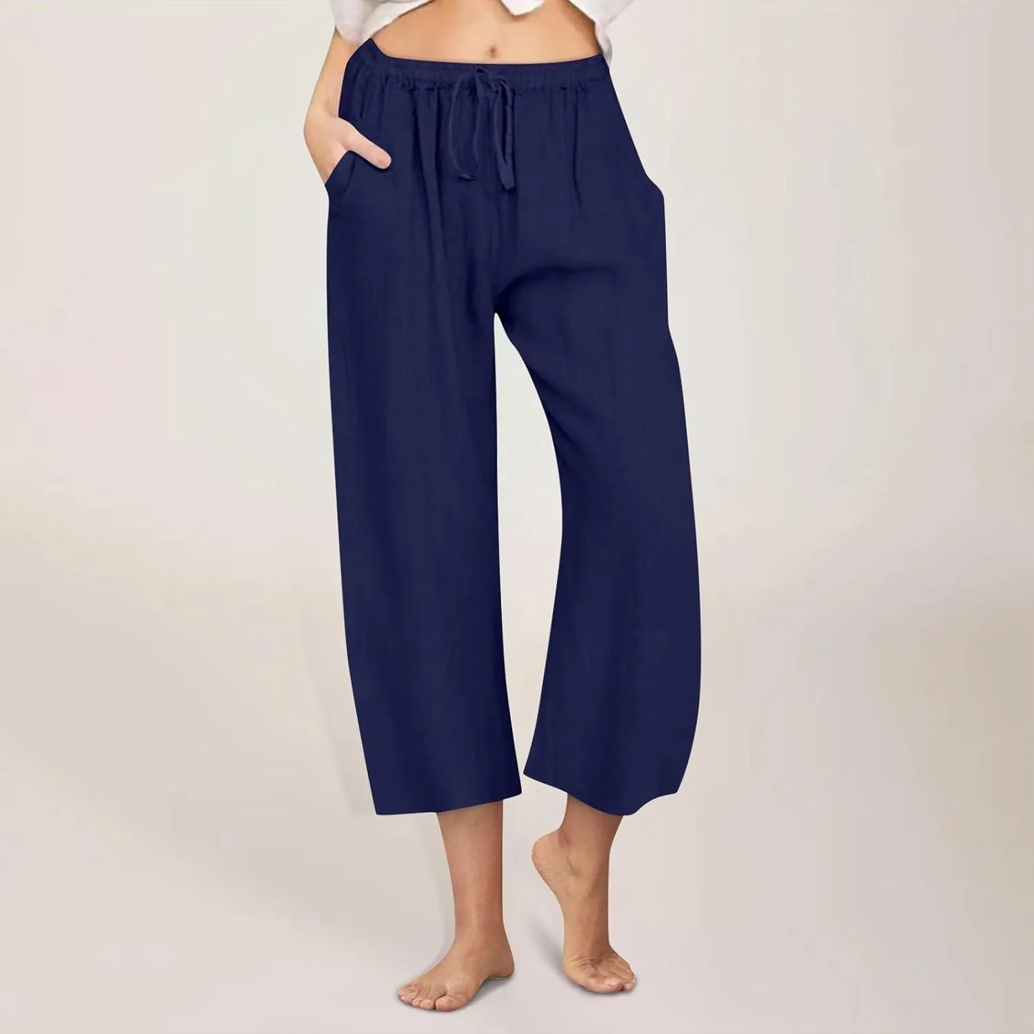 Wide Leg Capris for Women Summer Casual Palazzo Pants Drawstring Elastic Waist Baggy Lightweight Beach Capri Trousers