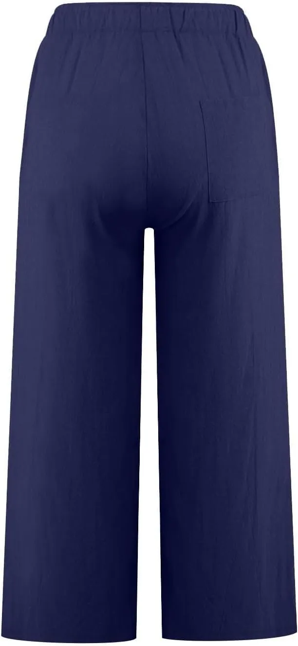 Wide Leg Capris for Women Summer Casual Palazzo Pants Drawstring Elastic Waist Baggy Lightweight Beach Capri Trousers