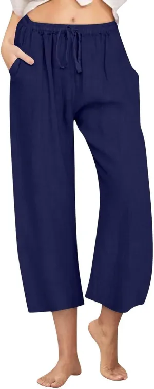 Wide Leg Capris for Women Summer Casual Palazzo Pants Drawstring Elastic Waist Baggy Lightweight Beach Capri Trousers