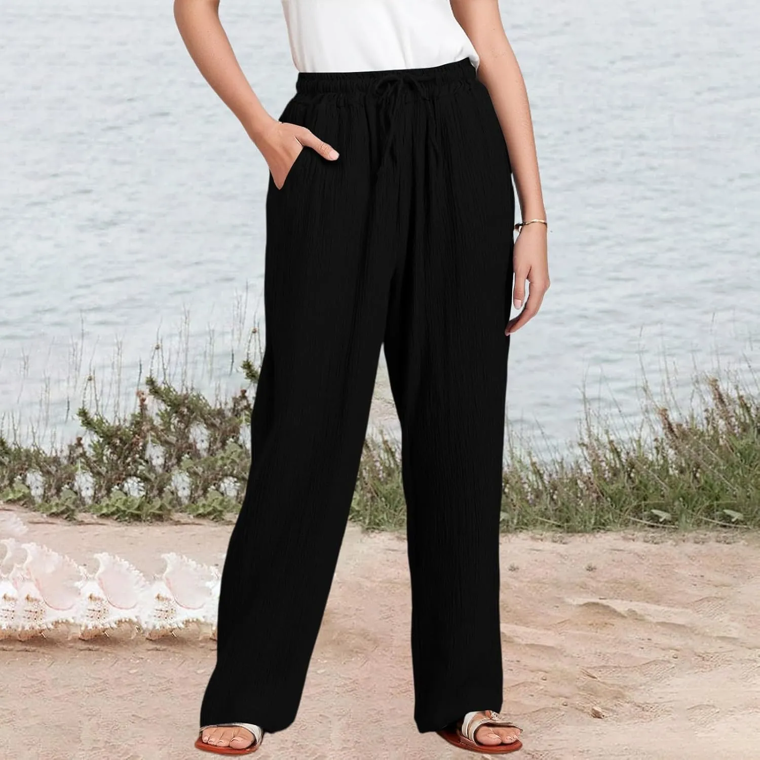 Wide Leg Cotton Linen Pants Women Casual Elastic Waist Loose Flowy Palazzo Pants Comfy Summer Beach Pant with Pockets