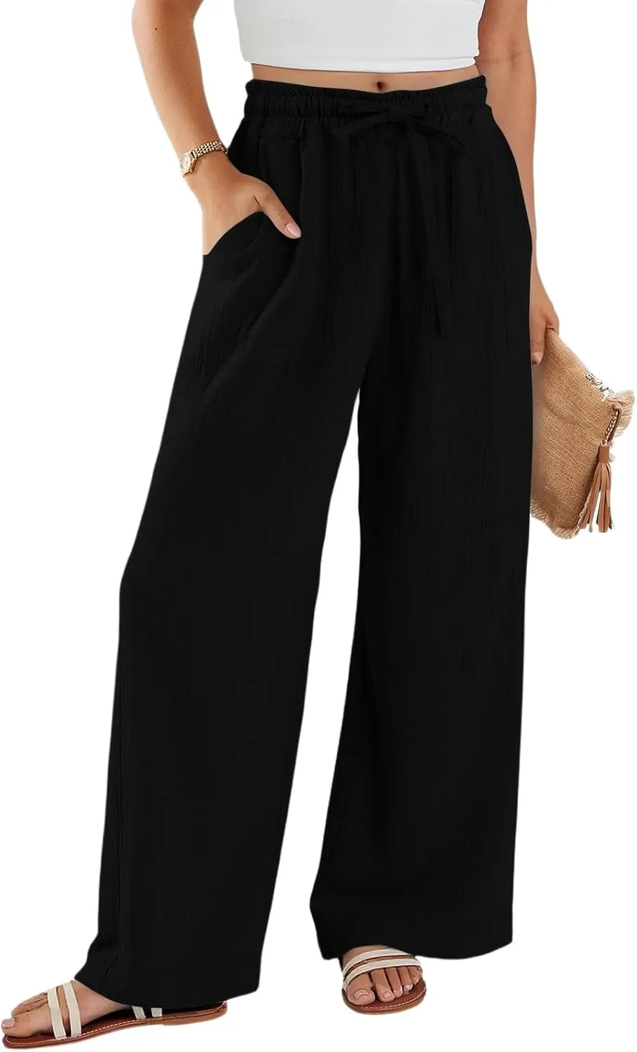 Wide Leg Cotton Linen Pants Women Casual Elastic Waist Loose Flowy Palazzo Pants Comfy Summer Beach Pant with Pockets