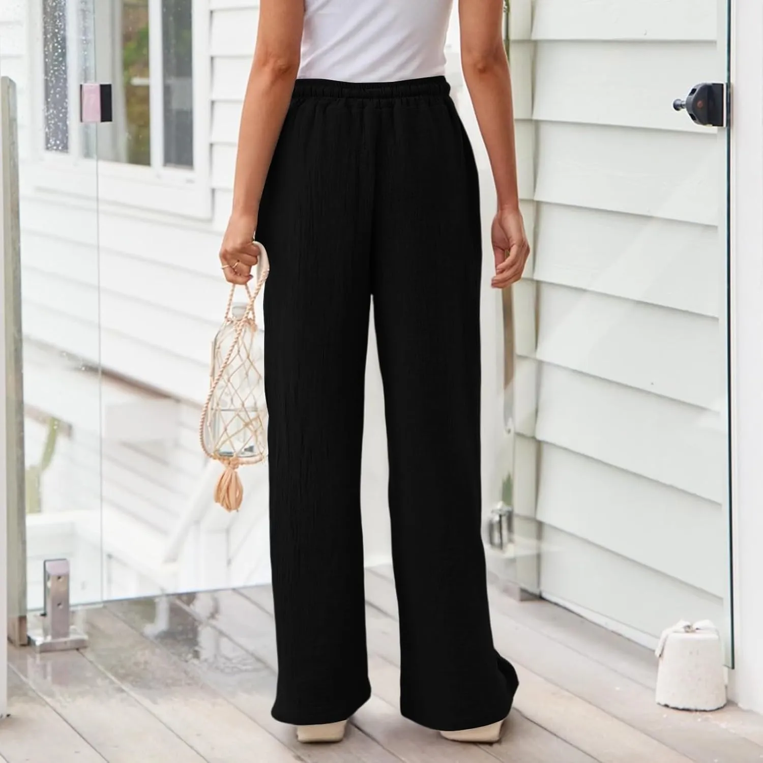 Wide Leg Cotton Linen Pants Women Casual Elastic Waist Loose Flowy Palazzo Pants Comfy Summer Beach Pant with Pockets