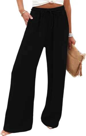 Wide Leg Cotton Linen Pants Women Casual Elastic Waist Loose Flowy Palazzo Pants Comfy Summer Beach Pant with Pockets