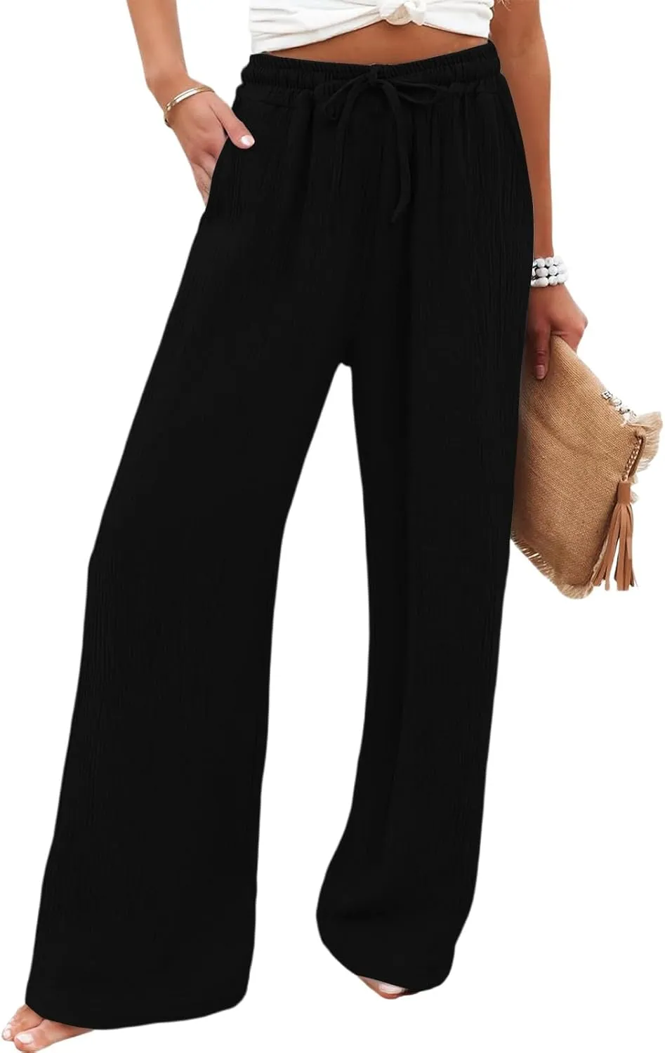Wide Leg Cotton Linen Pants Women Casual Elastic Waist Loose Flowy Palazzo Pants Comfy Summer Beach Pant with Pockets