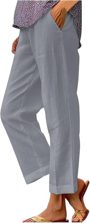 Wide Leg Linen Pants for Women Cotton and Linen Long Pants Lightweight Elastic Waist Pant Comfy Pants Women Women