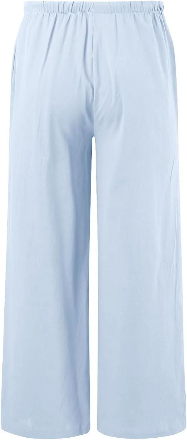 Wide Leg Linen Pants for Women Flowy Summer High Waisted Beach Palazzo Trousers Loose Preppy Yoga Pants Trendy Womens Fashion