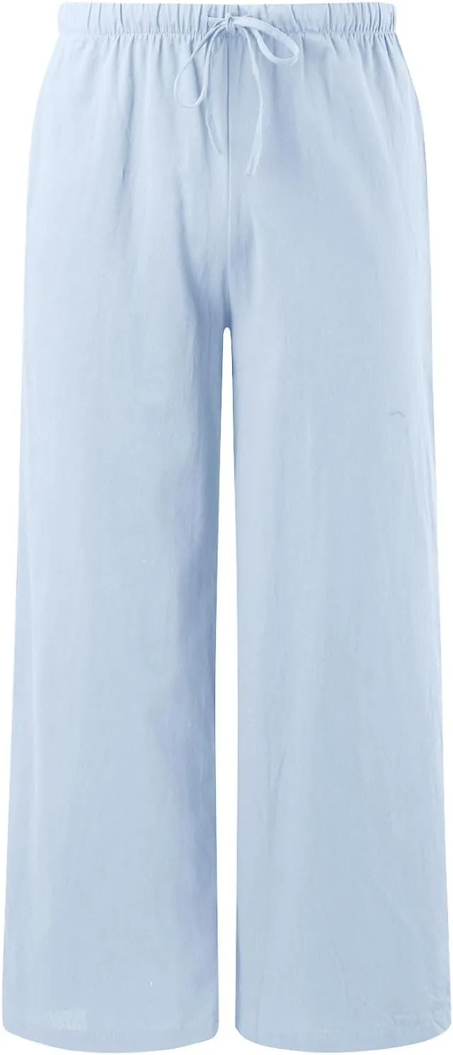Wide Leg Linen Pants for Women Flowy Summer High Waisted Beach Palazzo Trousers Loose Preppy Yoga Pants Trendy Womens Fashion