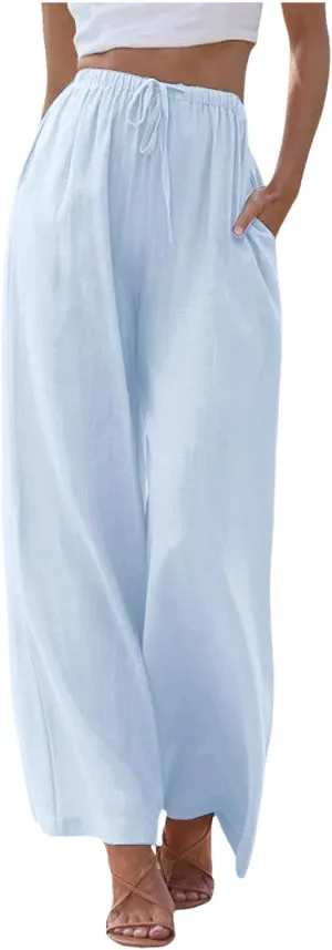 Wide Leg Linen Pants for Women Flowy Summer High Waisted Beach Palazzo Trousers Loose Preppy Yoga Pants Trendy Womens Fashion