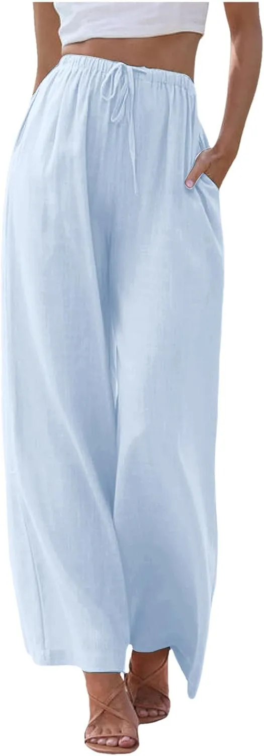 Wide Leg Linen Pants for Women Flowy Summer High Waisted Beach Palazzo Trousers Loose Preppy Yoga Pants Trendy Womens Fashion