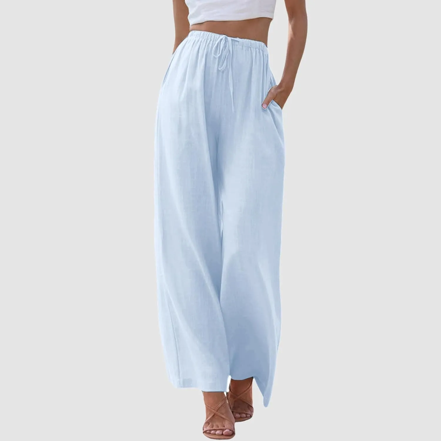 Wide Leg Linen Pants for Women Flowy Summer High Waisted Beach Palazzo Trousers Loose Preppy Yoga Pants Trendy Womens Fashion
