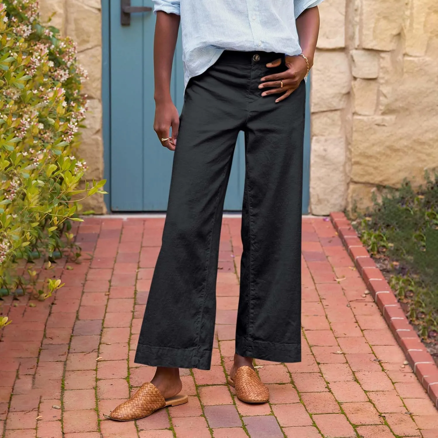 Wide Leg Linen Pants for Women High Waisted Cropped Capri Pants Summer Business Casual Trousers with Pockets