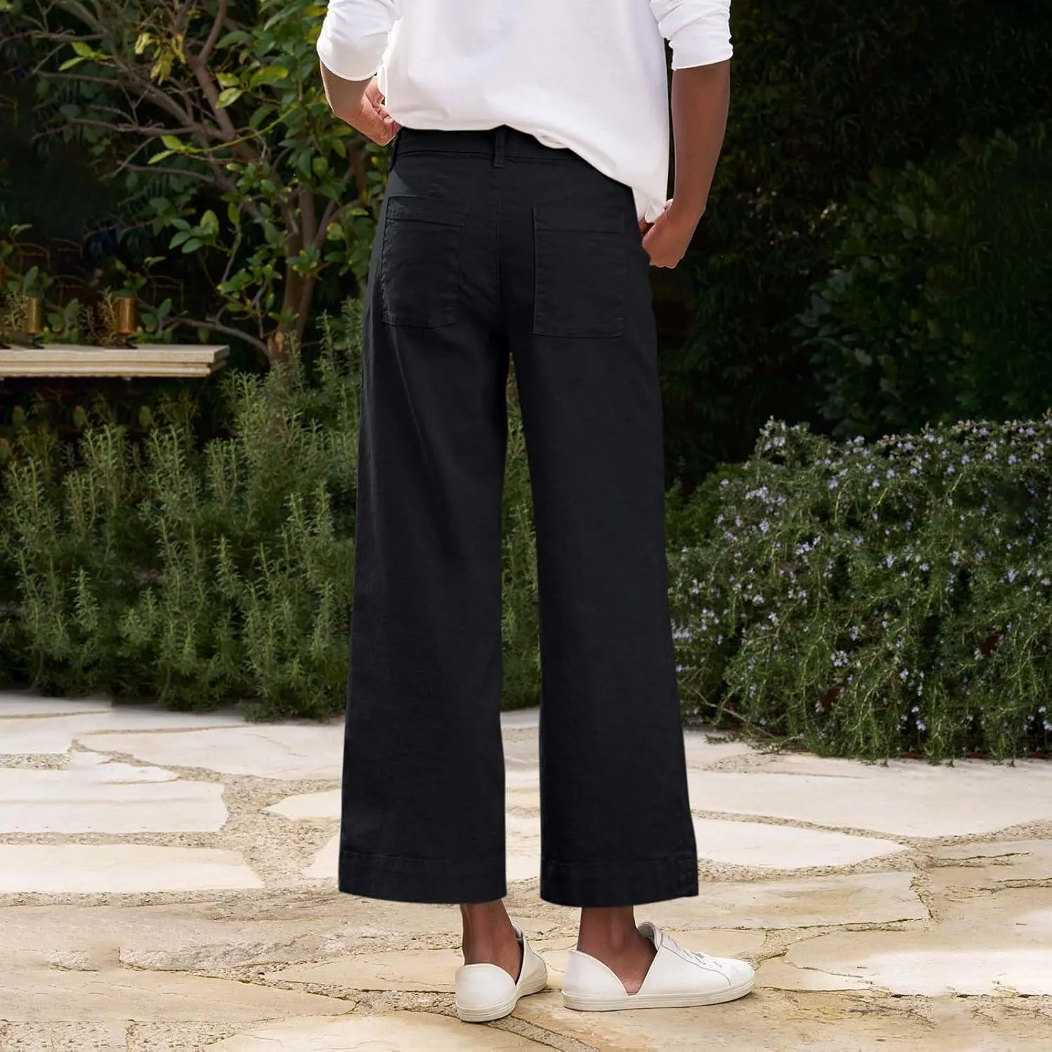 Wide Leg Linen Pants for Women High Waisted Cropped Capri Pants Summer Business Casual Trousers with Pockets