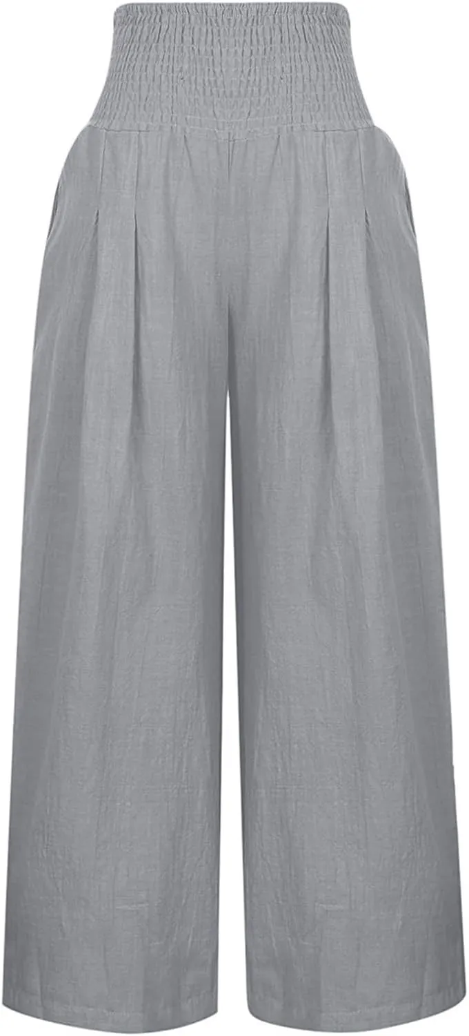 Wide Leg Linen Pants Women Baggy Flowy Beach Pants Elastic High Waisted Smocked Tummy Control Vacation Pants with Pockets