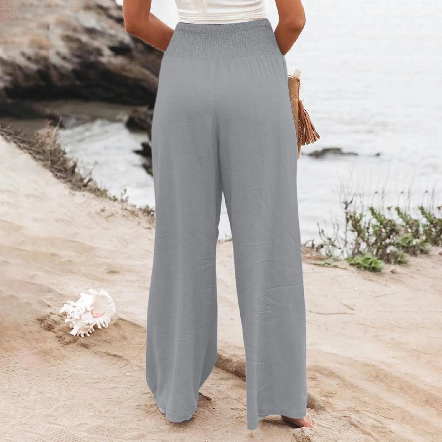 Wide Leg Linen Pants Women Baggy Flowy Beach Pants Elastic High Waisted Smocked Tummy Control Vacation Pants with Pockets