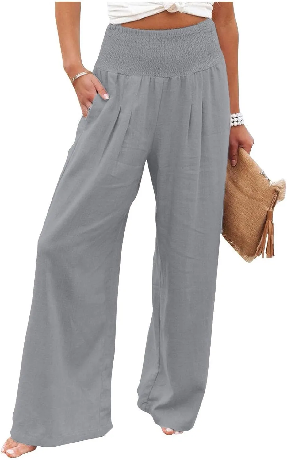 Wide Leg Linen Pants Women Baggy Flowy Beach Pants Elastic High Waisted Smocked Tummy Control Vacation Pants with Pockets