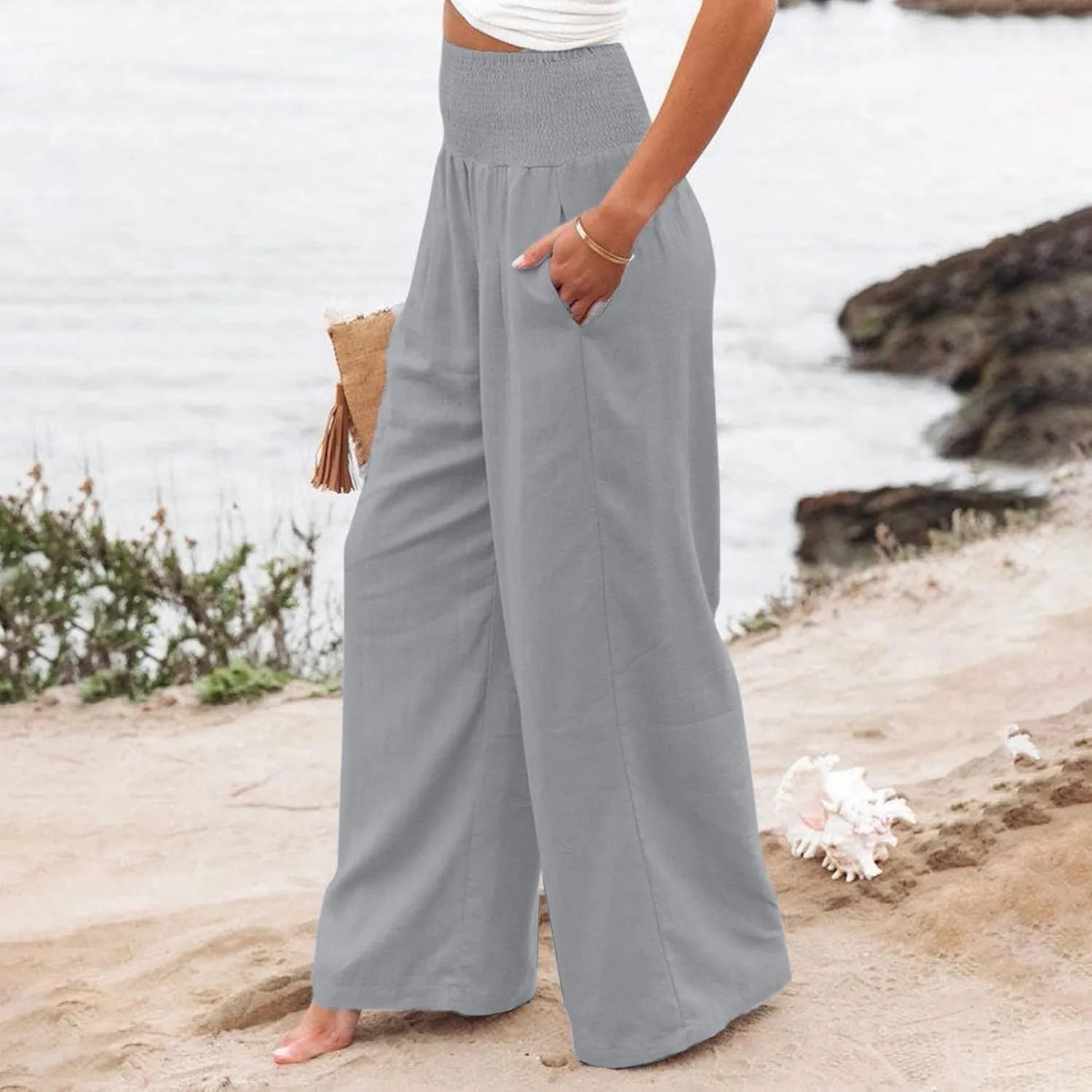 Wide Leg Linen Pants Women Baggy Flowy Beach Pants Elastic High Waisted Smocked Tummy Control Vacation Pants with Pockets