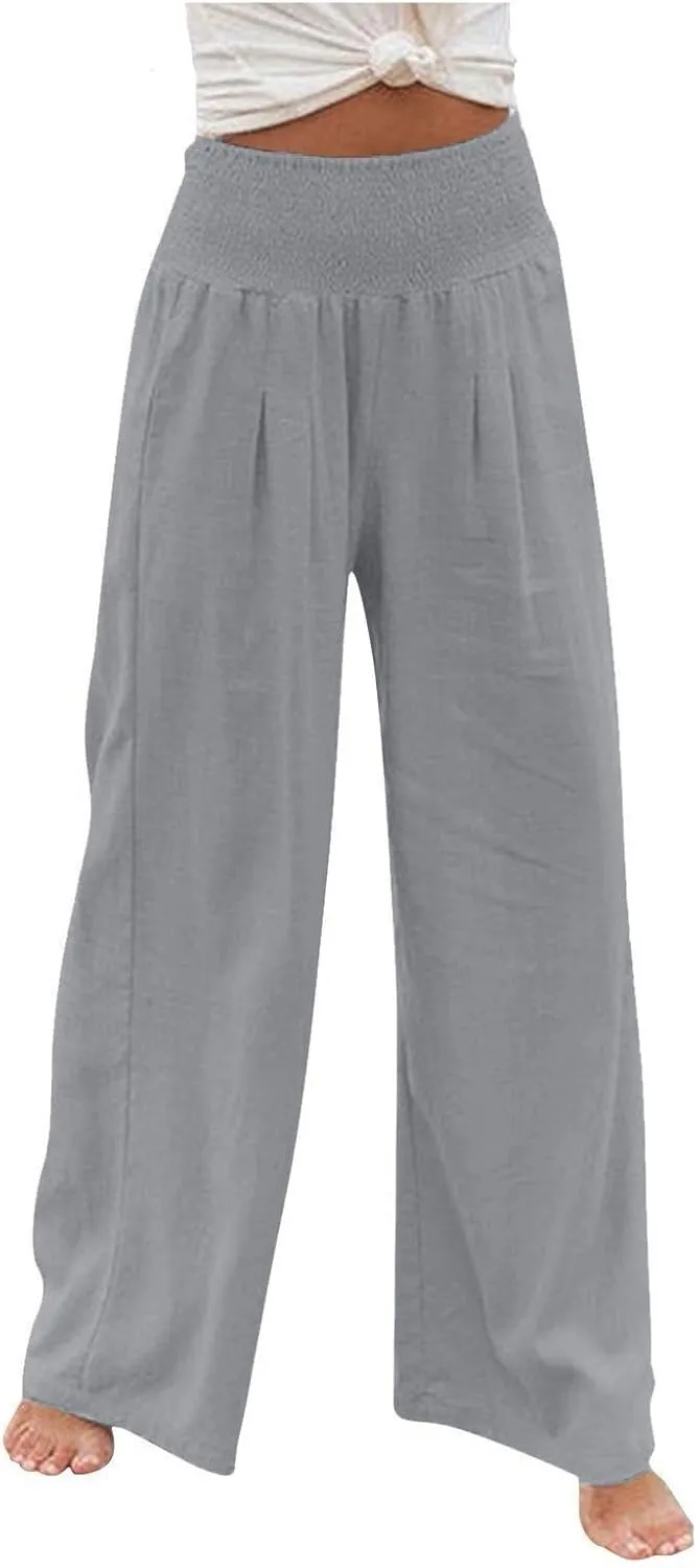 Wide Leg Linen Pants Women Baggy Flowy Beach Pants Elastic High Waisted Smocked Tummy Control Vacation Pants with Pockets