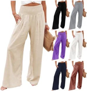 Wide Leg Linen Pants Women Baggy Flowy Beach Pants Elastic High Waisted Smocked Tummy Control Vacation Pants with Pockets