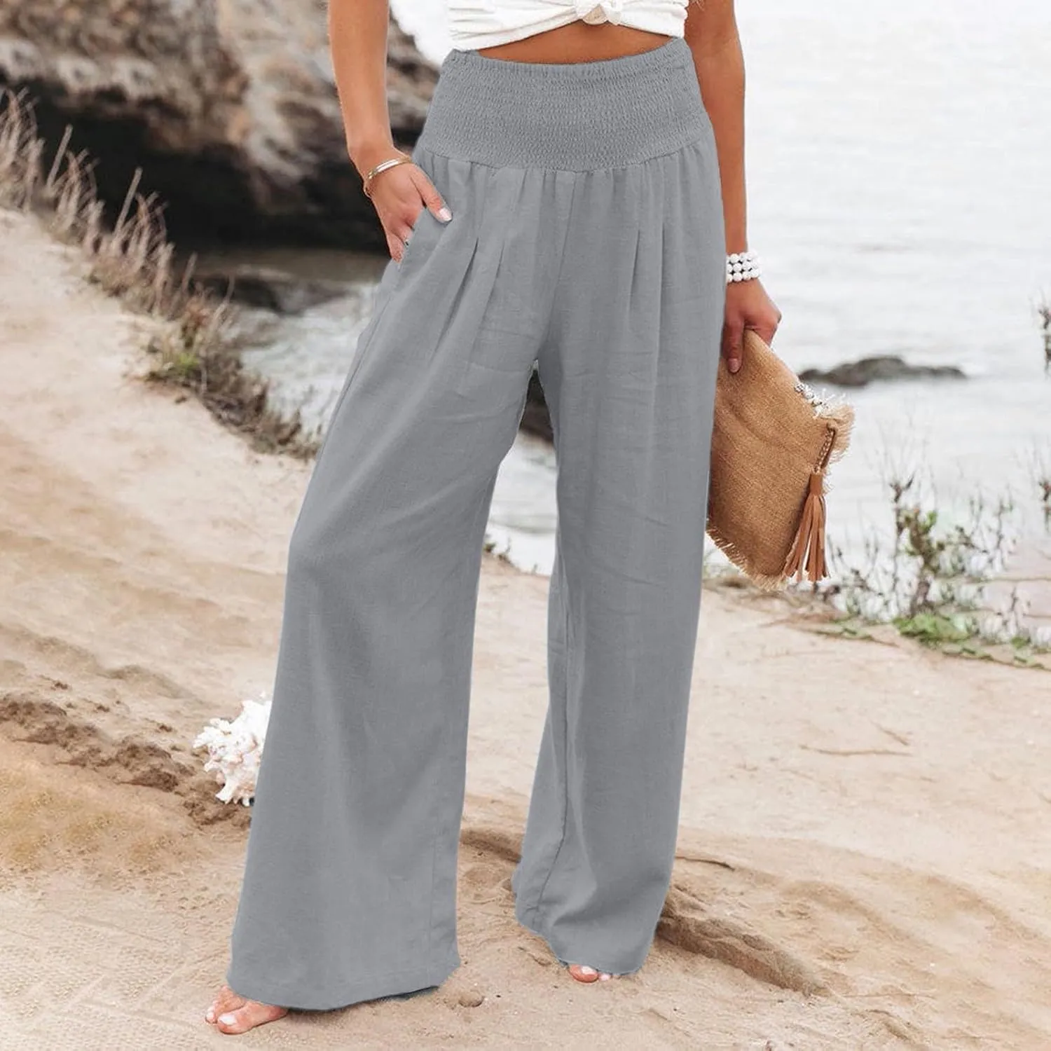 Wide Leg Linen Pants Women Baggy Flowy Beach Pants Elastic High Waisted Smocked Tummy Control Vacation Pants with Pockets