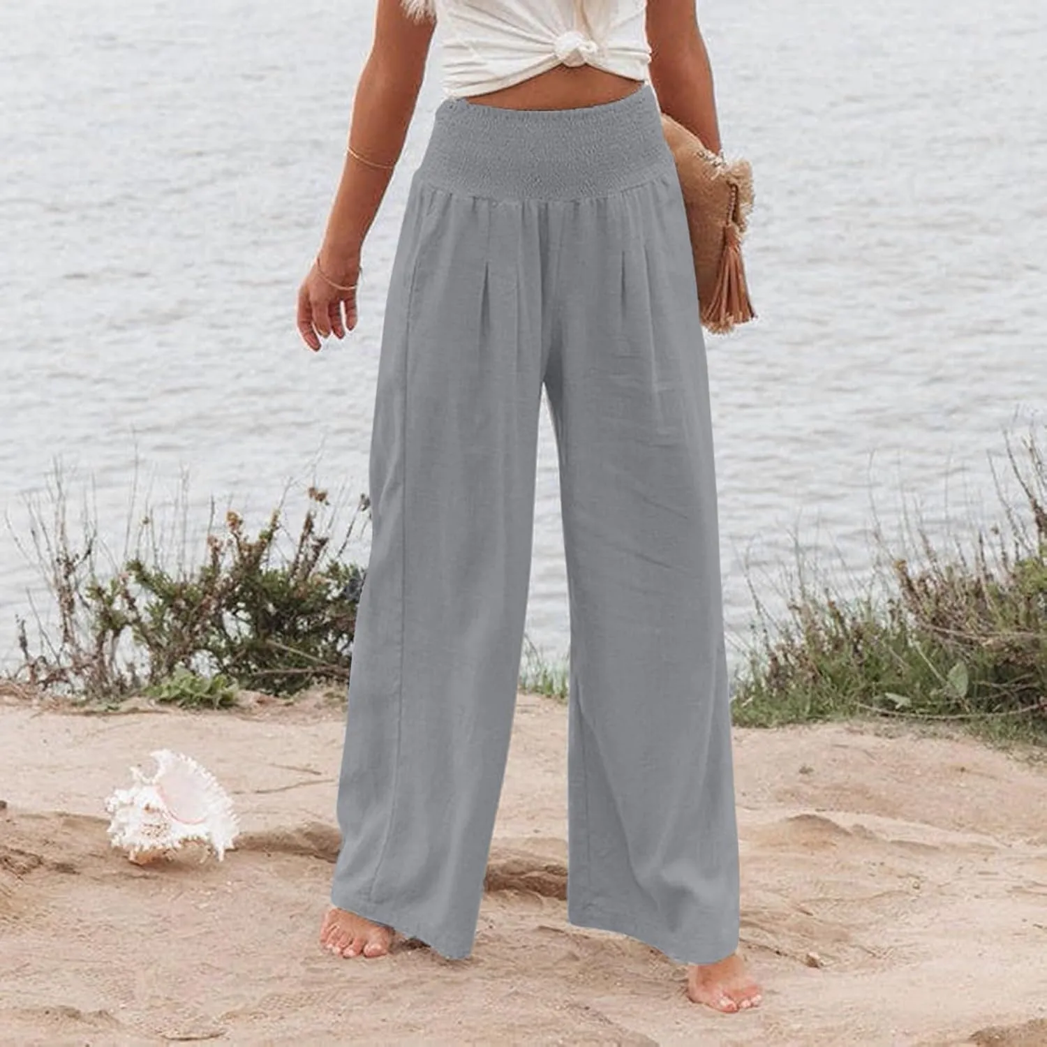 Wide Leg Linen Pants Women Baggy Flowy Beach Pants Elastic High Waisted Smocked Tummy Control Vacation Pants with Pockets