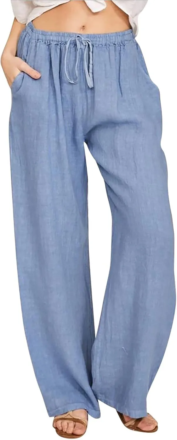 Wide Leg Linen Pants Women Summer Casual Linen Wide Leg Pants with Pockets Drawstring Beach Palazzo Pants Lounge Trousers