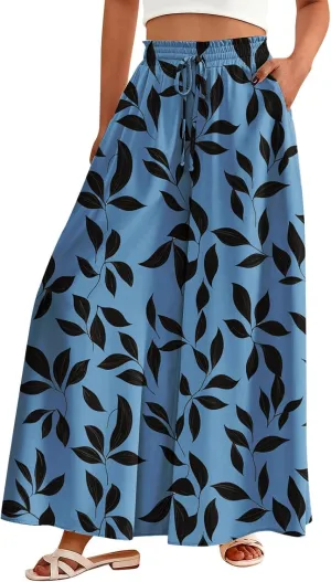 Wide Leg Pants Woman Palazzo Floral Dress Pants Flowy High Waisted Summer 2025 Beach Boho Trousers with Pockets